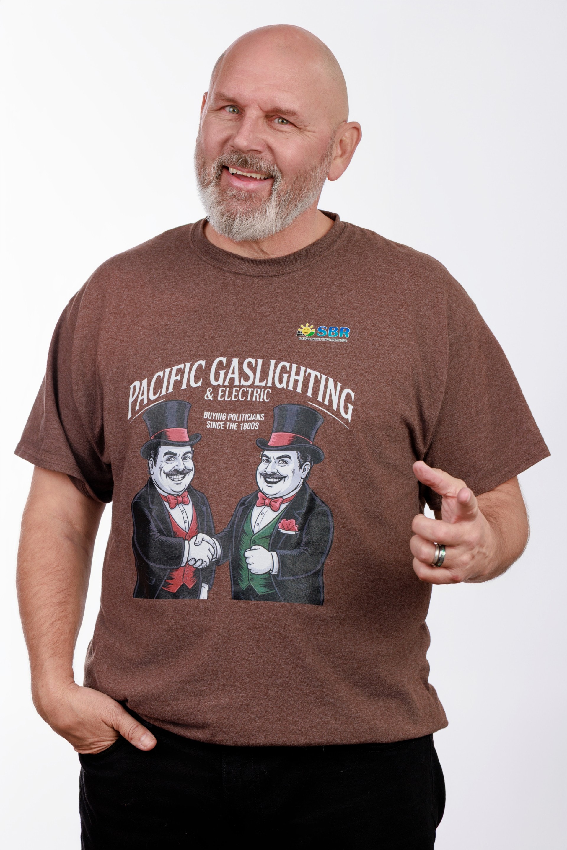Bill Gurgol wearing a Pacific Gaslighting & Electric t-shirt